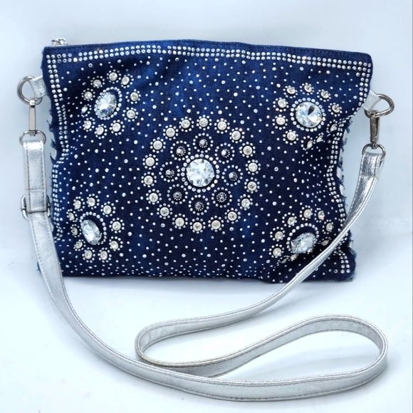 Denim Crystal Rhinestone Crossbody Bag With Metallic Weaving On Back - Picture 1 of 16